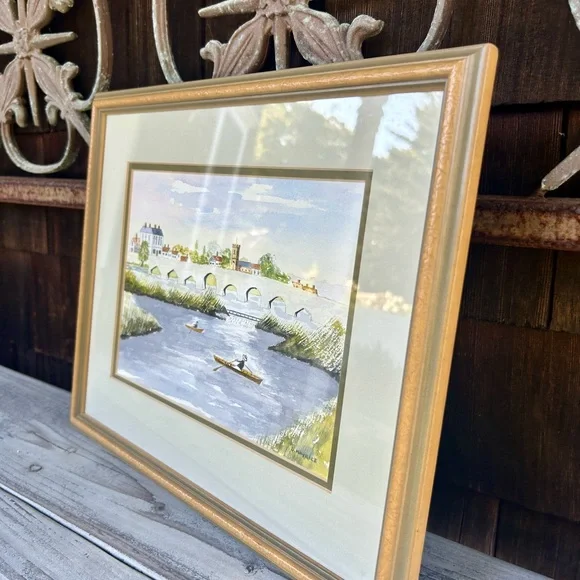 Framed Watercolor Painting fo a European Town, Rowboats by the Bridge - Picture 5 of 8